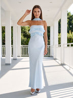Sky Blue Satin Mermaid Halter neckline Backless Floor-Length Dress with Cowl Draped Back - Curvevia
