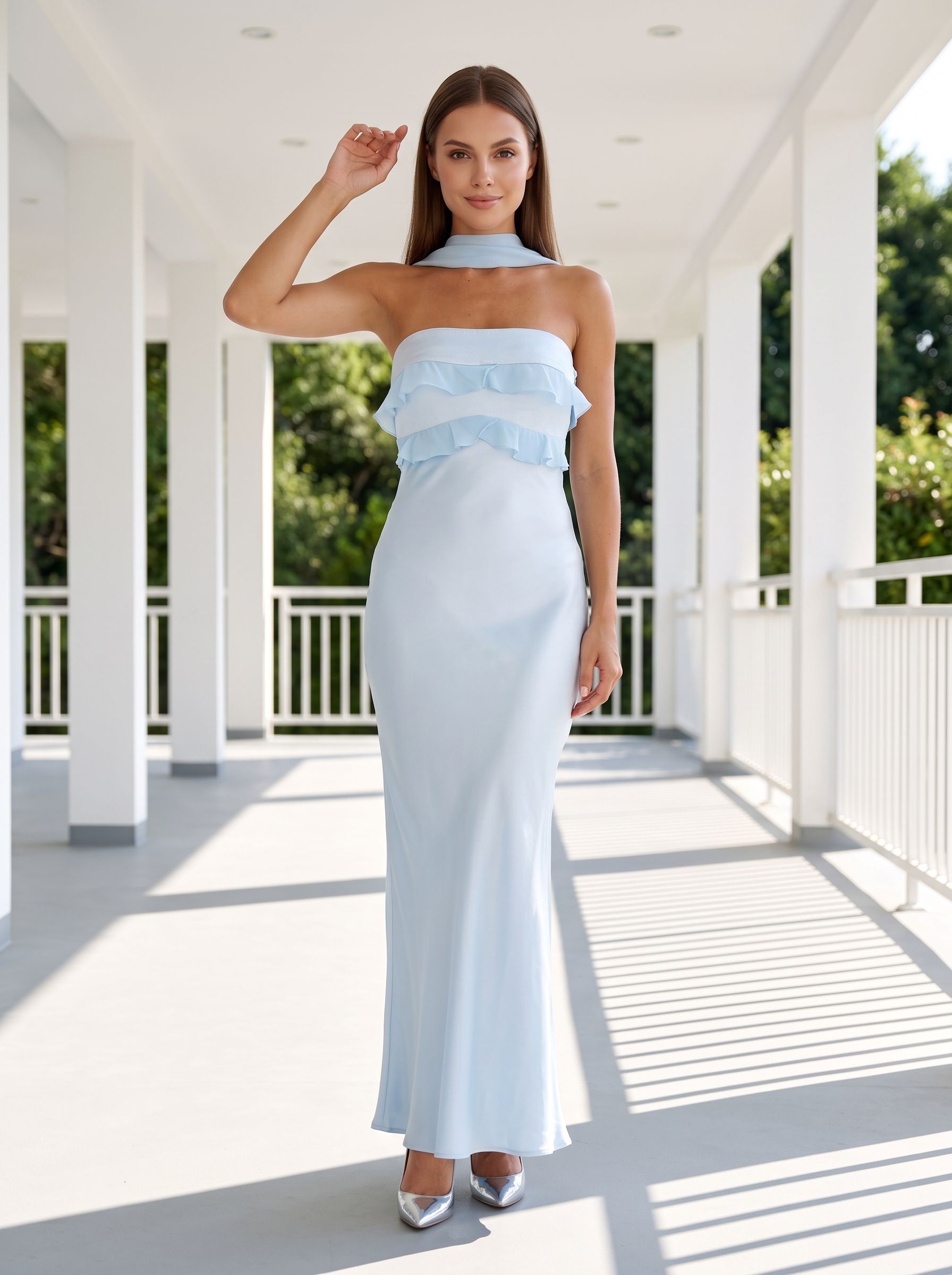 Sky Blue Satin Mermaid Halter neckline Backless Floor-Length Dress with Cowl Draped Back - Curvevia