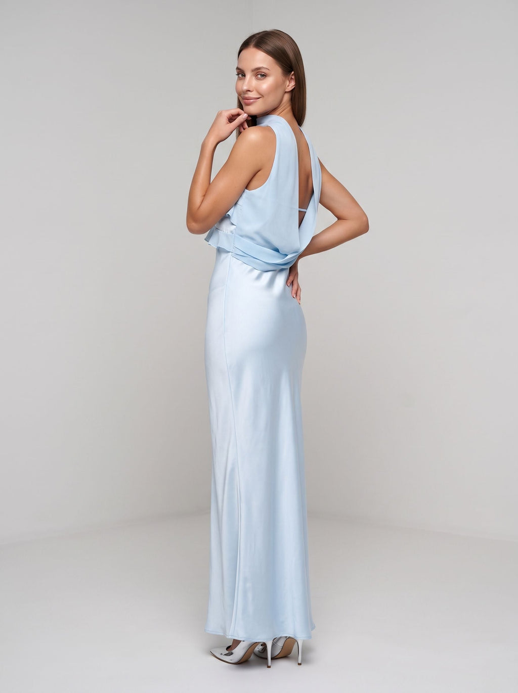 Sky Blue Satin Mermaid Halter neckline Backless Floor-Length Dress with Cowl Draped Back - Curvevia