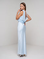Sky Blue Satin Mermaid Halter neckline Backless Floor-Length Dress with Cowl Draped Back - Curvevia