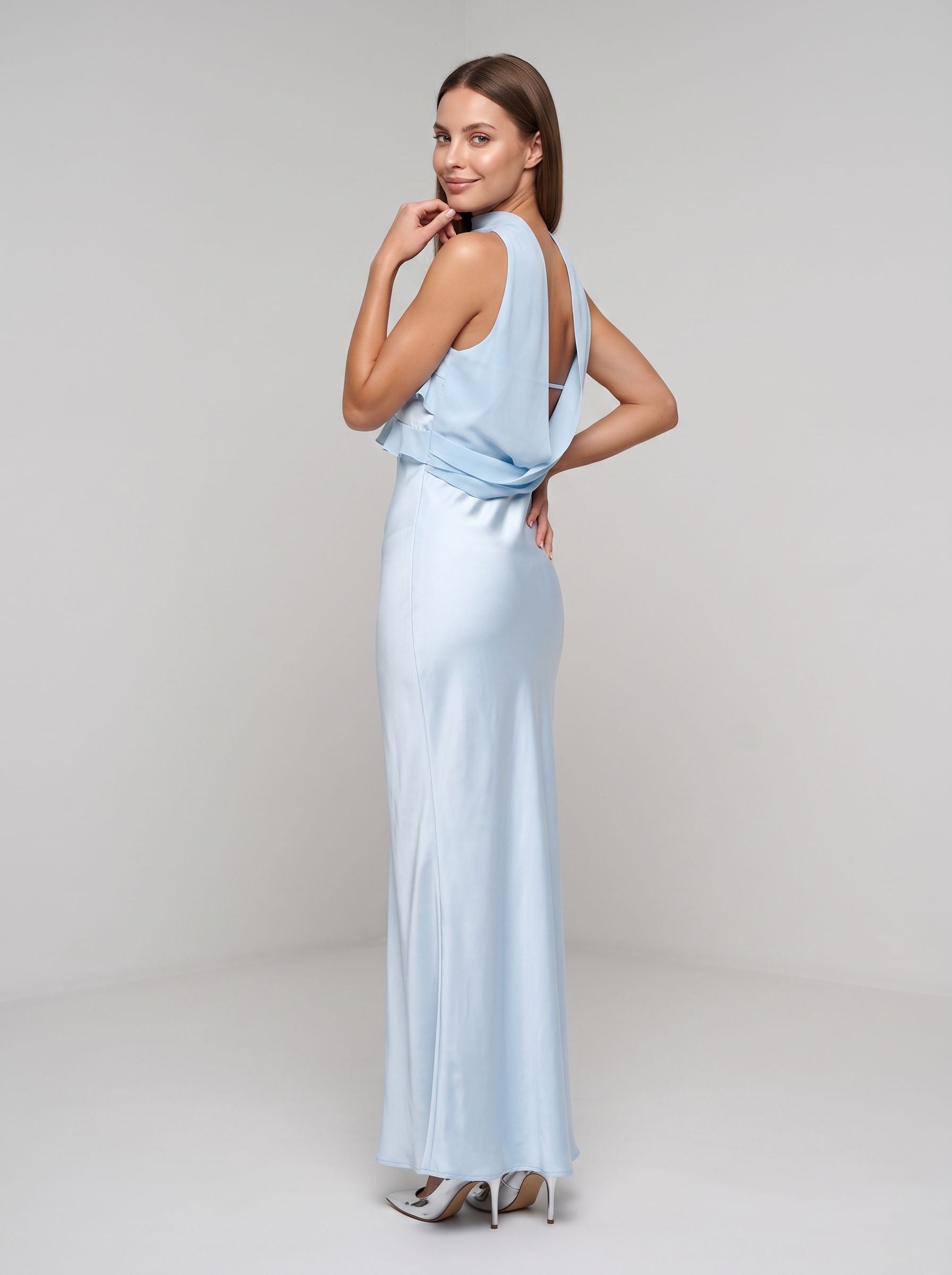 Sky Blue Satin Mermaid Halter neckline Backless Floor-Length Dress with Cowl Draped Back - Curvevia