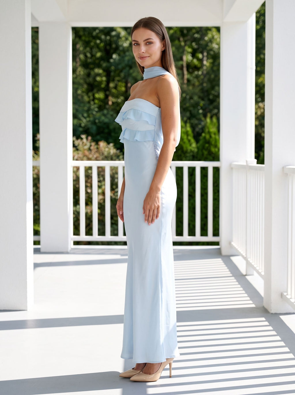 Sky Blue Satin Mermaid Halter neckline Backless Floor-Length Dress with Cowl Draped Back - Curvevia