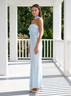 Sky Blue Satin Mermaid Halter neckline Backless Floor-Length Dress with Cowl Draped Back - Curvevia