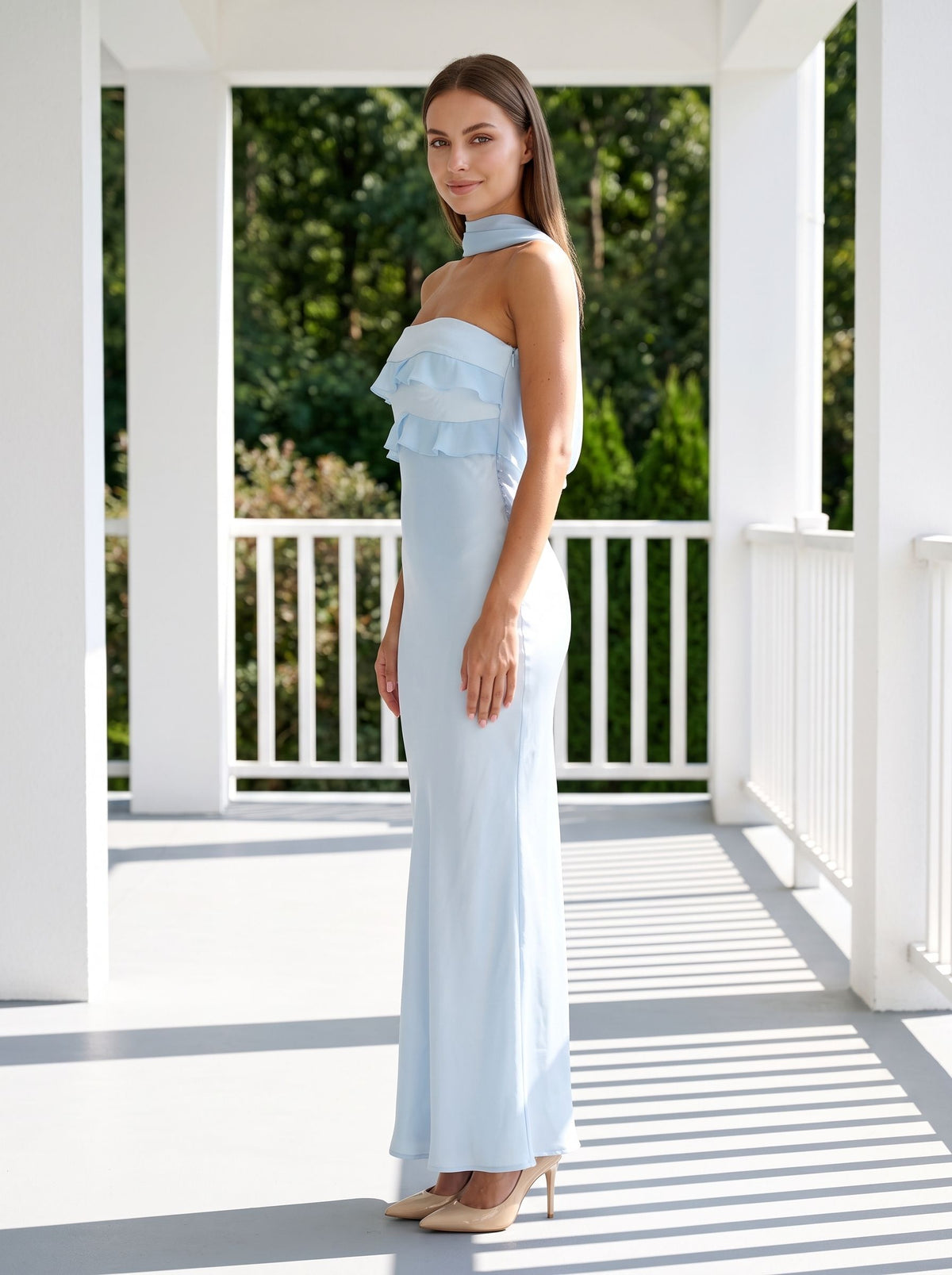 Sky Blue Satin Mermaid Halter neckline Backless Floor-Length Dress with Cowl Draped Back - Curvevia