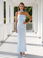 Sky Blue Satin Mermaid Halter neckline Backless Floor-Length Dress with Cowl Draped Back - Curvevia