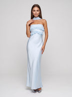 Sky Blue Satin Mermaid Halter neckline Backless Floor-Length Dress with Cowl Draped Back - Curvevia
