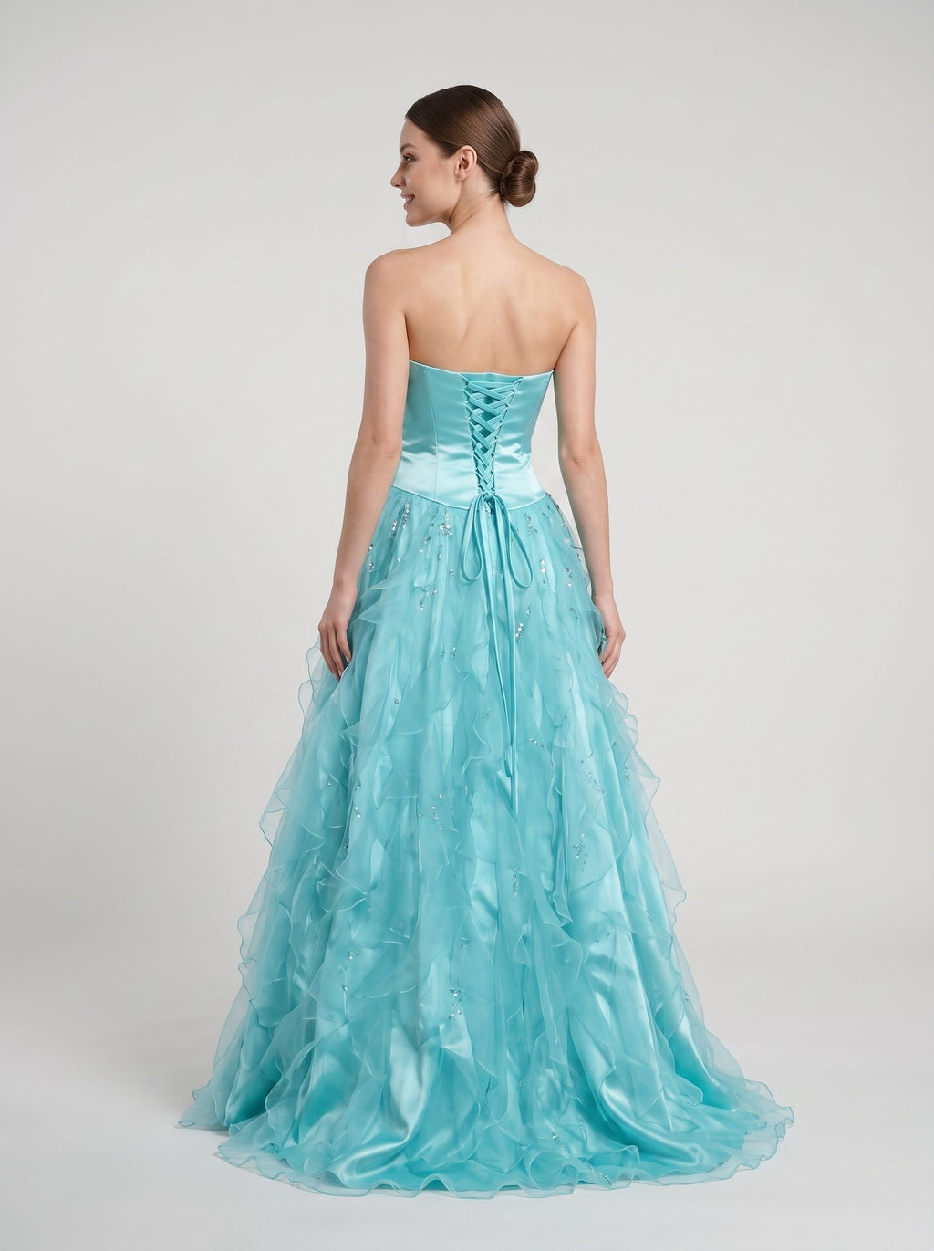 Blue Sequins Tulle & Satin A-Line Sweetheart Lace-up Floor-Length Dress - Curvevia