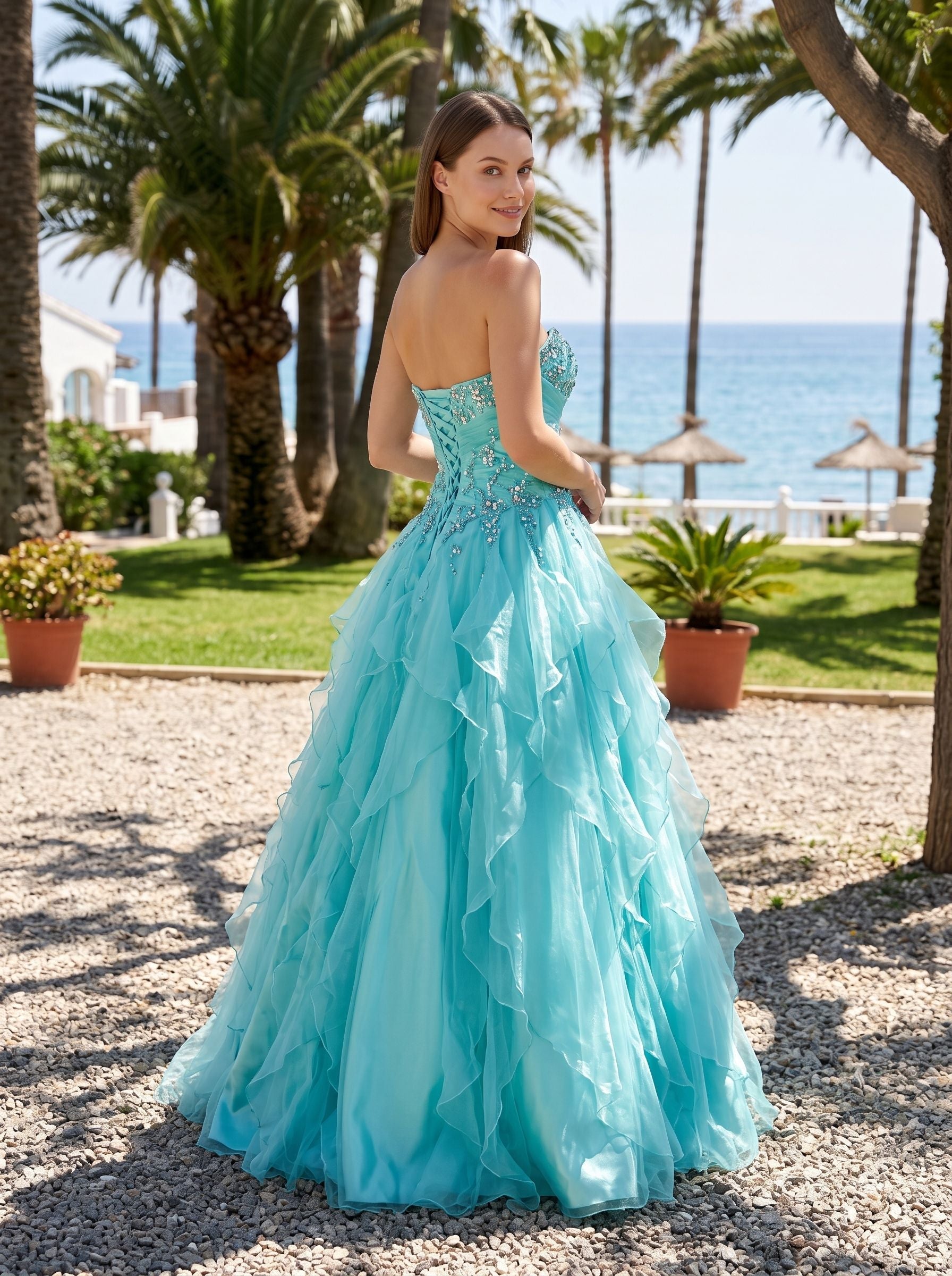 Blue Sequins Tulle & Satin A-Line Sweetheart Lace-up Floor-Length Dress - Curvevia