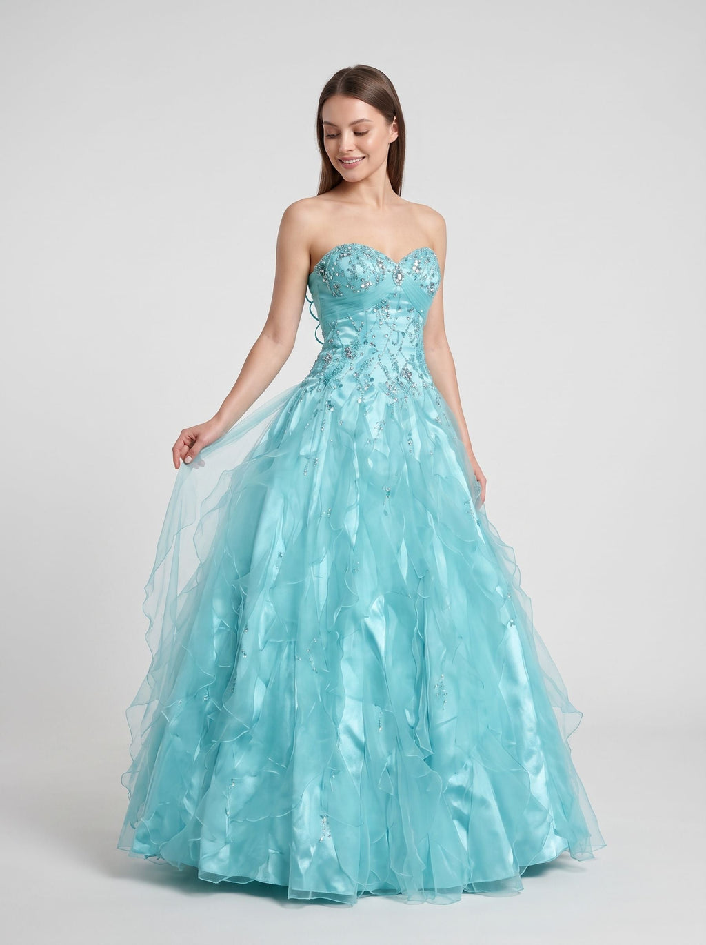 Blue Sequins Tulle & Satin A-Line Sweetheart Lace-up Floor-Length Dress - Curvevia
