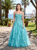 Blue Sequins Tulle & Satin A-Line Sweetheart Lace-up Floor-Length Dress - Curvevia