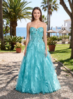 Blue Sequins Tulle & Satin A-Line Sweetheart Lace-up Floor-Length Dress - Curvevia