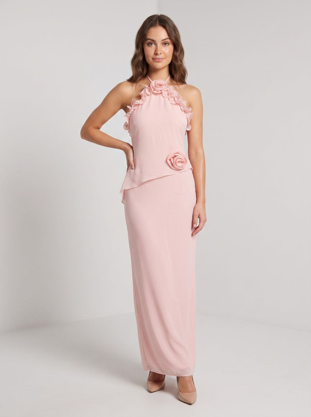 Blushing Pink Chiffon A-Line Halter Neckline Backless Floor-Length Dress - Curvevia