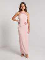Blushing Pink Chiffon A-Line Halter Neckline Backless Floor-Length Dress - Curvevia