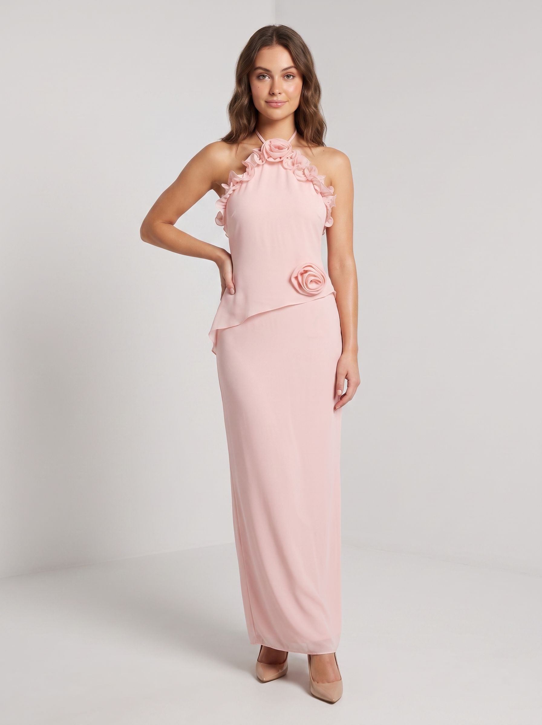 Blushing Pink Chiffon A-Line Halter Neckline Backless Floor-Length Dress - Curvevia