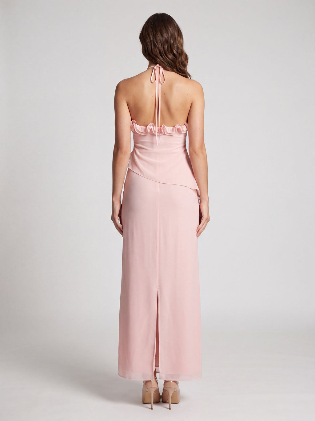 Blushing Pink Chiffon A-Line Halter Neckline Backless Floor-Length Dress - Curvevia