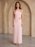 Blushing Pink Chiffon A-Line Halter Neckline Backless Floor-Length Dress - Curvevia