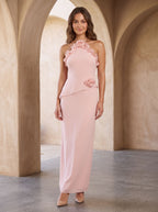 Blushing Pink Chiffon A-Line Halter Neckline Backless Floor-Length Dress - Curvevia