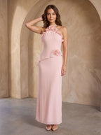 Blushing Pink Chiffon A-Line Halter Neckline Backless Floor-Length Dress - Curvevia