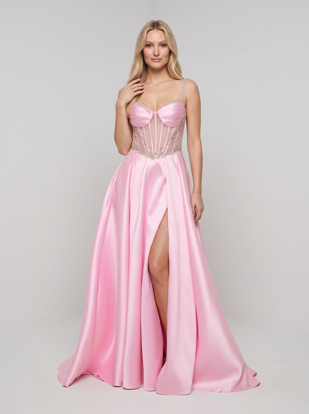 Petal Satin A-Line Sweetheart Corset Back Floor-Length Dress with Slit and Pockets - Curvevia
