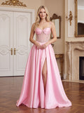 Petal Satin A-Line Sweetheart Corset Back Floor-Length Dress with Slit and Pockets - Curvevia
