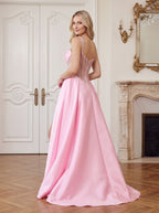 Petal Satin A-Line Sweetheart Corset Back Floor-Length Dress with Slit and Pockets - Curvevia