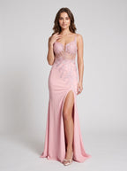 Petal Sequins column Straight Neck Corset Back Floor-Length Dress with Embroidered Bodice & Slit - Curvevia