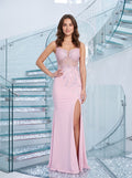 Petal Sequins column Straight Neck Corset Back Floor-Length Dress with Embroidered Bodice & Slit - Curvevia