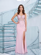 Petal Sequins column Straight Neck Corset Back Floor-Length Dress with Embroidered Bodice & Slit - Curvevia