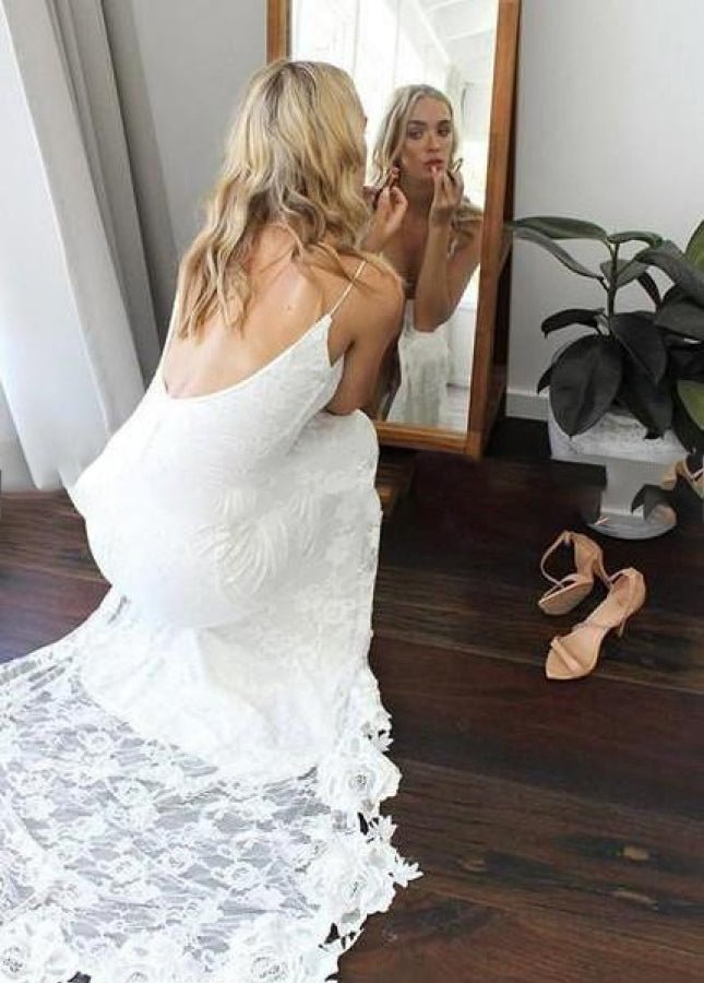Backless Spaghetti Straps Lace Appliqued Boho Wedding Dress with High Slit - Curvevia