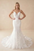 Spaghetti-Straps Backless Mermaid Lace Wedding Dresses with Appliques - Curvevia