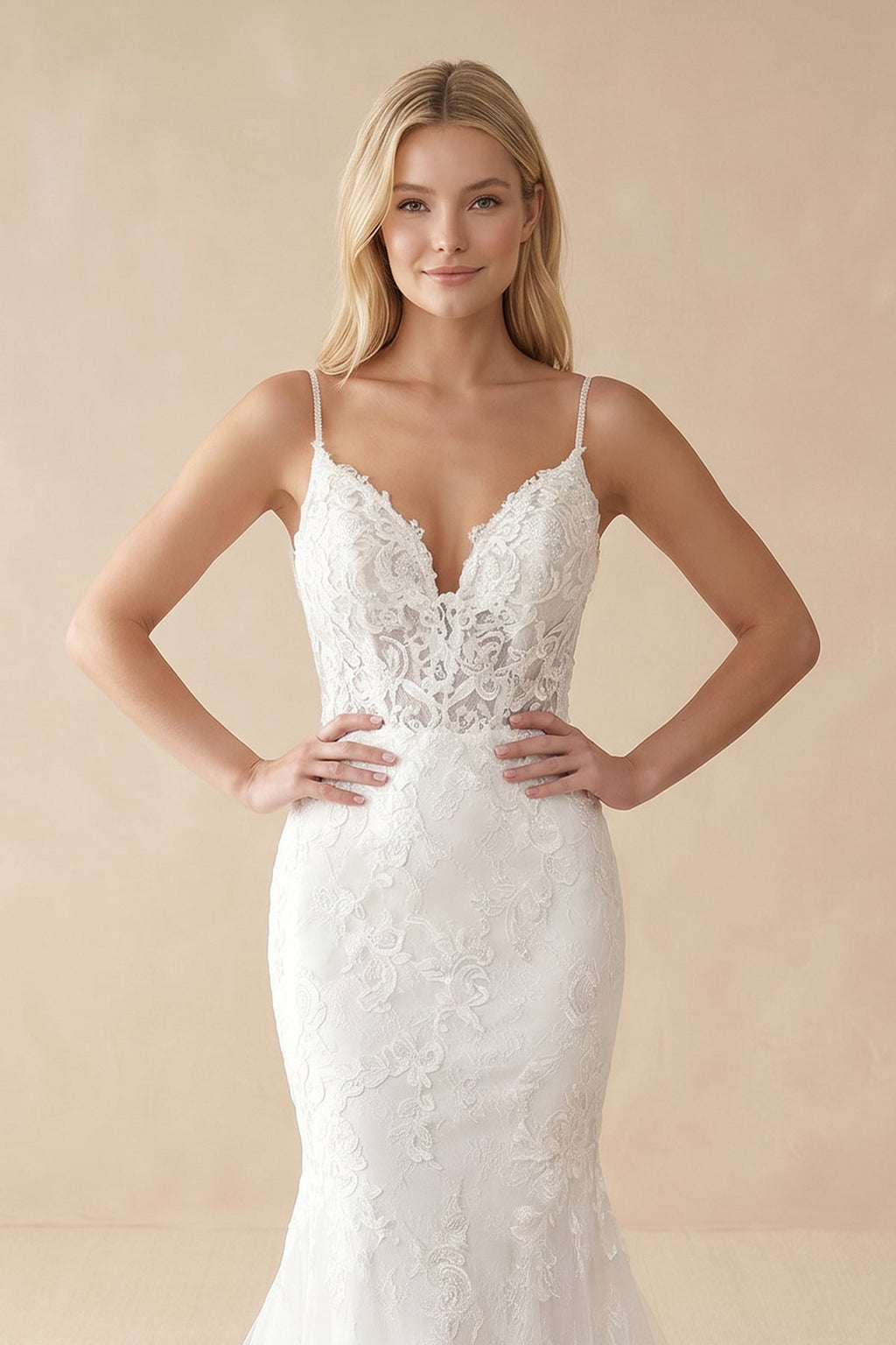 Spaghetti-Straps Backless Mermaid Lace Wedding Dresses with Appliques - Curvevia
