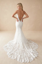 Spaghetti-Straps Backless Mermaid Lace Wedding Dresses with Appliques - Curvevia