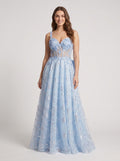Blue Tulle A-Line Sweetheart Bow Floor-Length Dress with Floral Embroidery - Curvevia