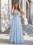 Blue Tulle A-Line Sweetheart Bow Floor-Length Dress with Floral Embroidery - Curvevia
