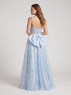Blue Tulle A-Line Sweetheart Bow Floor-Length Dress with Floral Embroidery - Curvevia