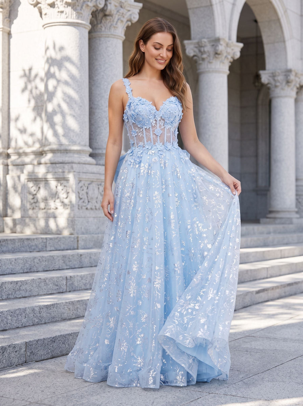 Blue Tulle A-Line Sweetheart Bow Floor-Length Dress with Floral Embroidery - Curvevia
