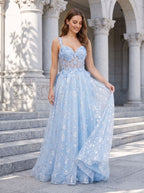 Blue Tulle A-Line Sweetheart Bow Floor-Length Dress with Floral Embroidery - Curvevia