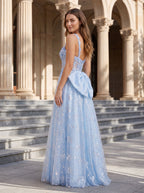 Blue Tulle A-Line Sweetheart Bow Floor-Length Dress with Floral Embroidery - Curvevia