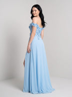 Sky Blue Chiffon A-Line Off-the-Shoulder Corset Back Floor-Length Dress with Beaded Applique - Curvevia