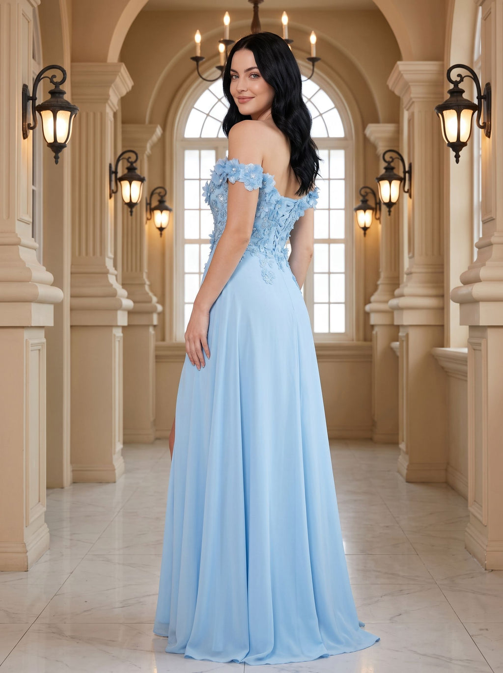 Sky Blue Chiffon A-Line Off-the-Shoulder Corset Back Floor-Length Dress with Beaded Applique - Curvevia