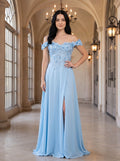Sky Blue Chiffon A-Line Off-the-Shoulder Corset Back Floor-Length Dress with Beaded Applique - Curvevia
