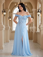 Sky Blue Chiffon A-Line Off-the-Shoulder Corset Back Floor-Length Dress with Beaded Applique - Curvevia