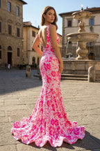 Pink V Neck Sequin Lace Mermaid Evening Dress - Curvevia
