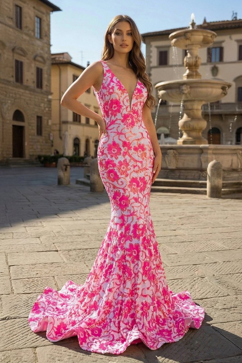 Pink V Neck Sequin Lace Mermaid Evening Dress - Curvevia