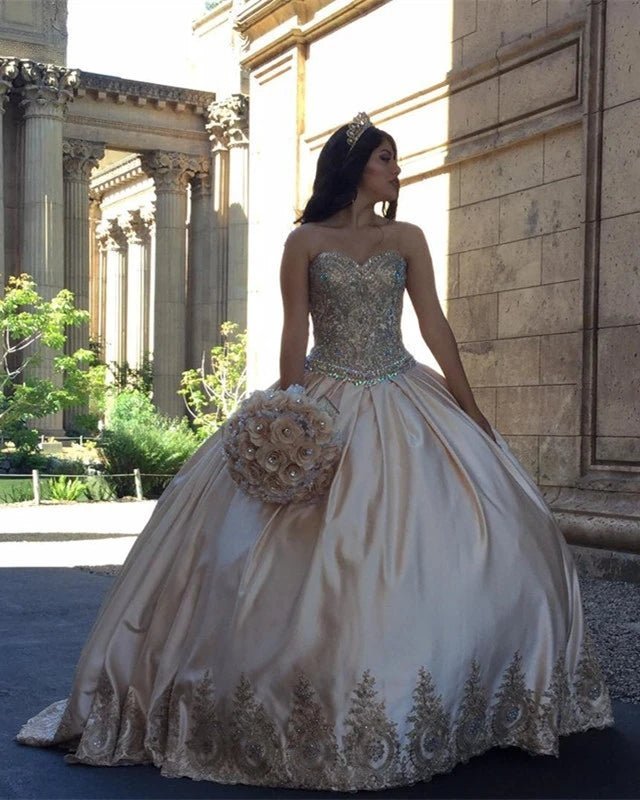 Sweetheart Embroidery Satin  Champagne Quinceanera Dresses Lace Ball Gowns - Curvevia