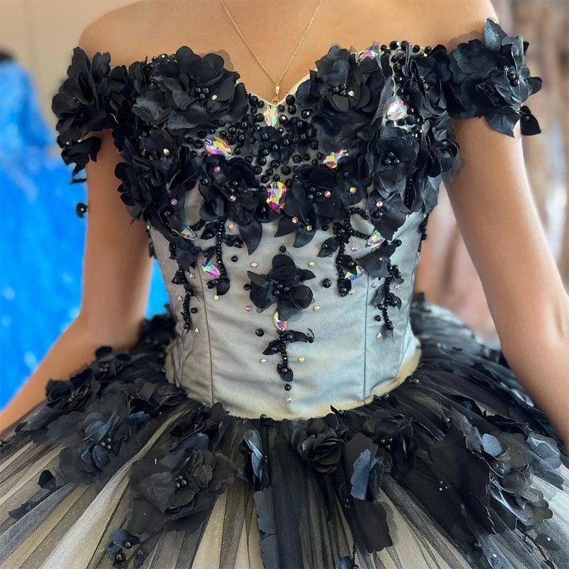 Black Off the Shoulder Quinceanera Dresses With 3D Flowers - Curvevia