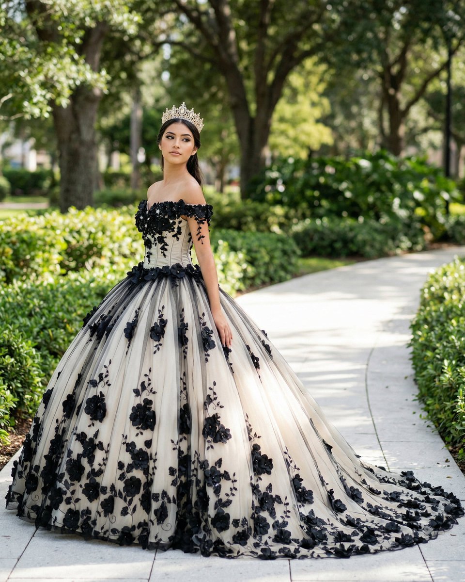Black Off the Shoulder Quinceanera Dresses With 3D Flowers - Curvevia