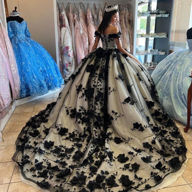 Black Off the Shoulder Quinceanera Dresses With 3D Flowers - Curvevia