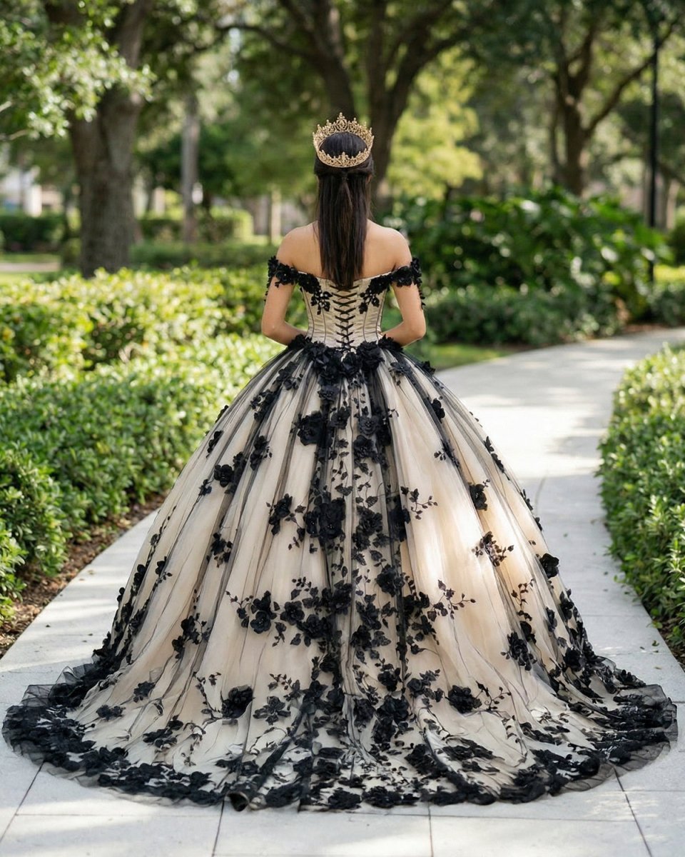 Black Off the Shoulder Quinceanera Dresses With 3D Flowers - Curvevia