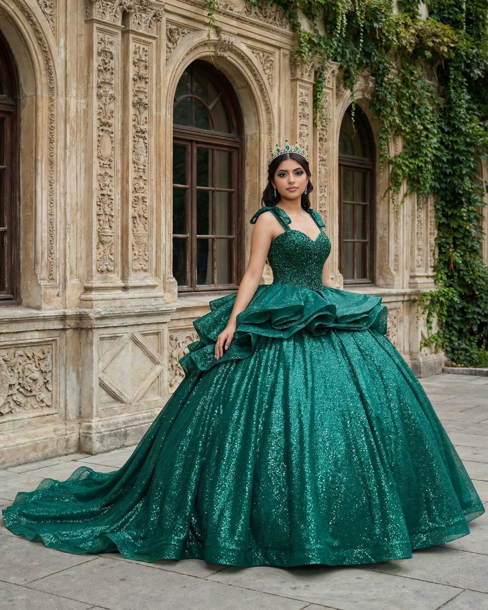 Ball-Gown Lace Emerald Green Glitters Quinceanera Dresses - Curvevia